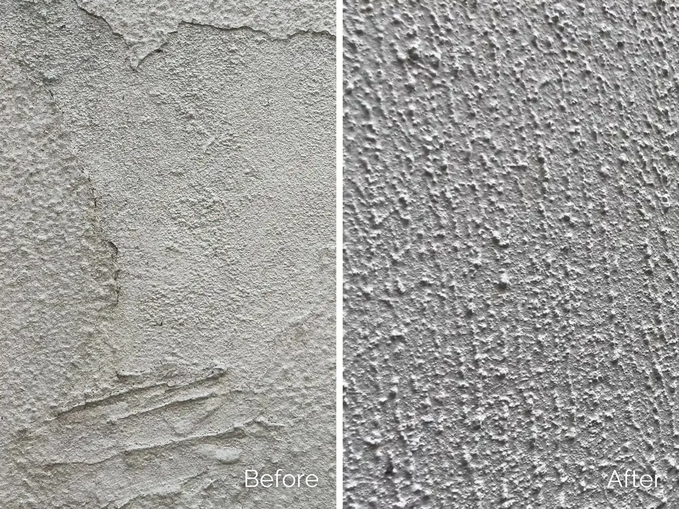 Cracked, uneven render before basecoat and the same wall with an even textured finish after