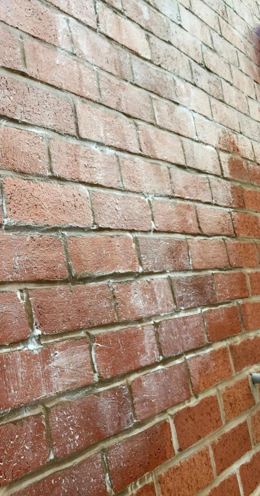 Masonry creme being applied to red brick, still visible before it dries clear